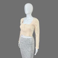 Emory Park Long Sleeve Square Neck Crop Top Beige Corset Closure Sz M