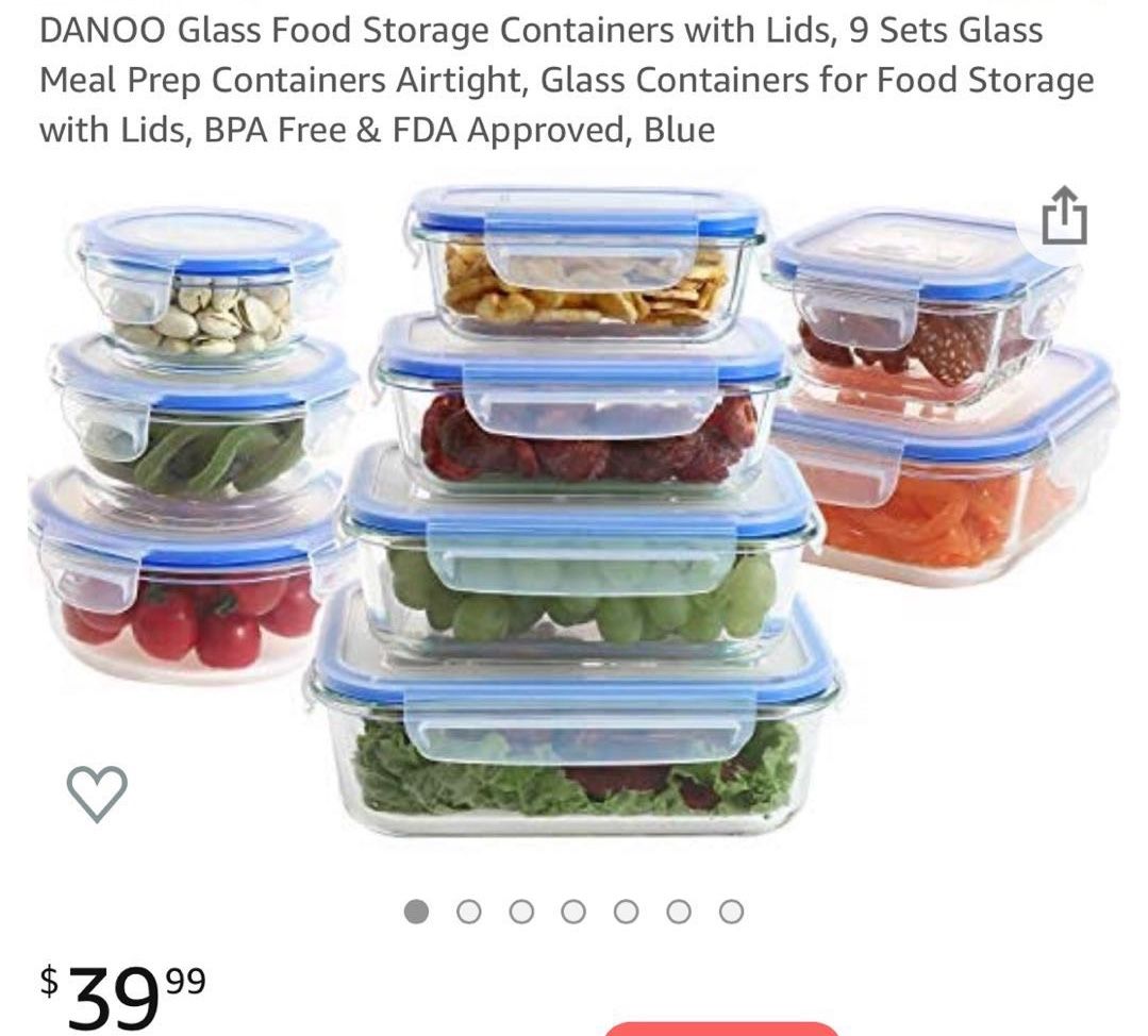 Brand new 9 pieces glass food storage containers with lids