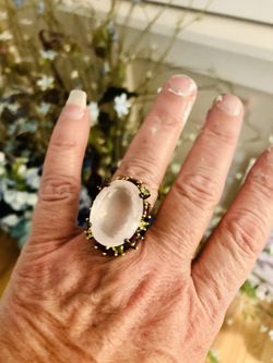 Authentic pink quartz and gemstone sterling silver ring