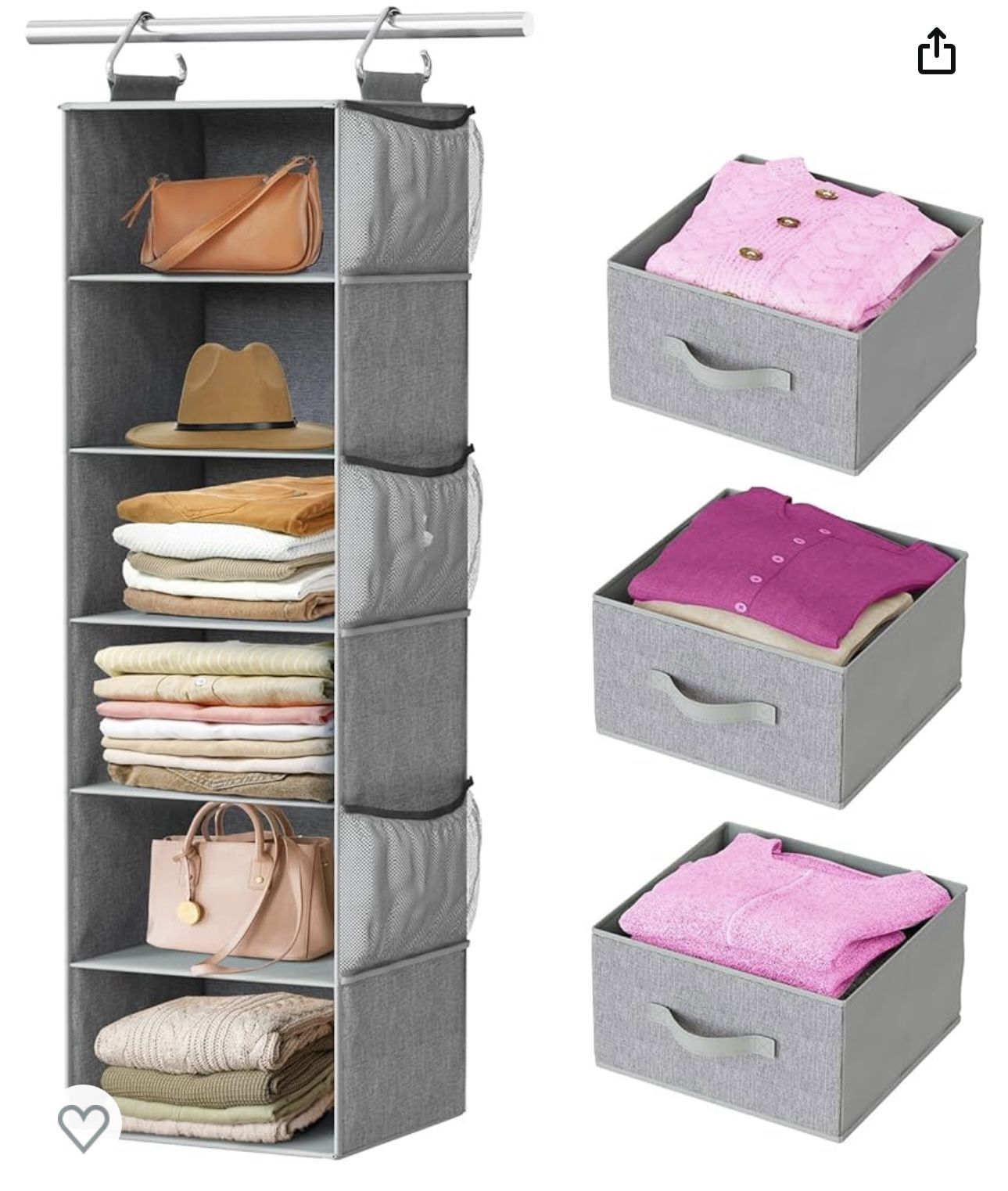 Hanging Closet Organizer 6-Shelf, Hanging Shelves for Closet with 3 Removable Drawers & Side Pockets for Bedroom or Garment Rack, 12' x 12' x 43.3', D