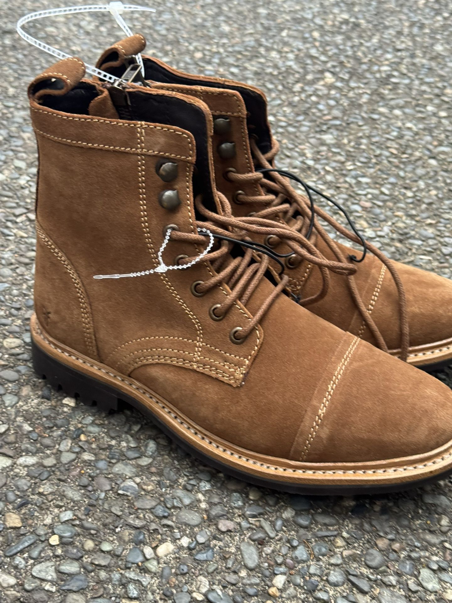 Frye Russell Mens Side Zip Lace Up Tan Leather Suede Boots Size 7,5