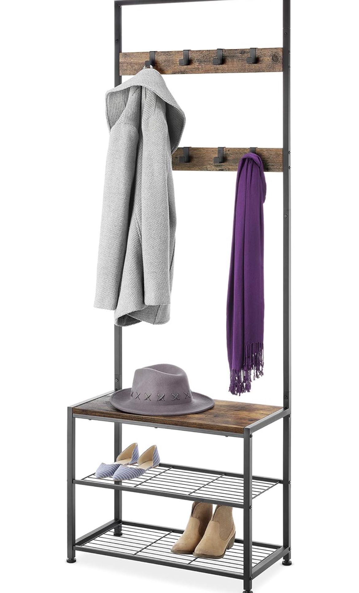Hall Tree, Coat Rack with Shoe Bench, Entryway Bench with Shoe Storage, Multifunctional Entryway Storage Organizer, Metal Frame and 8 Movable Hooks, f