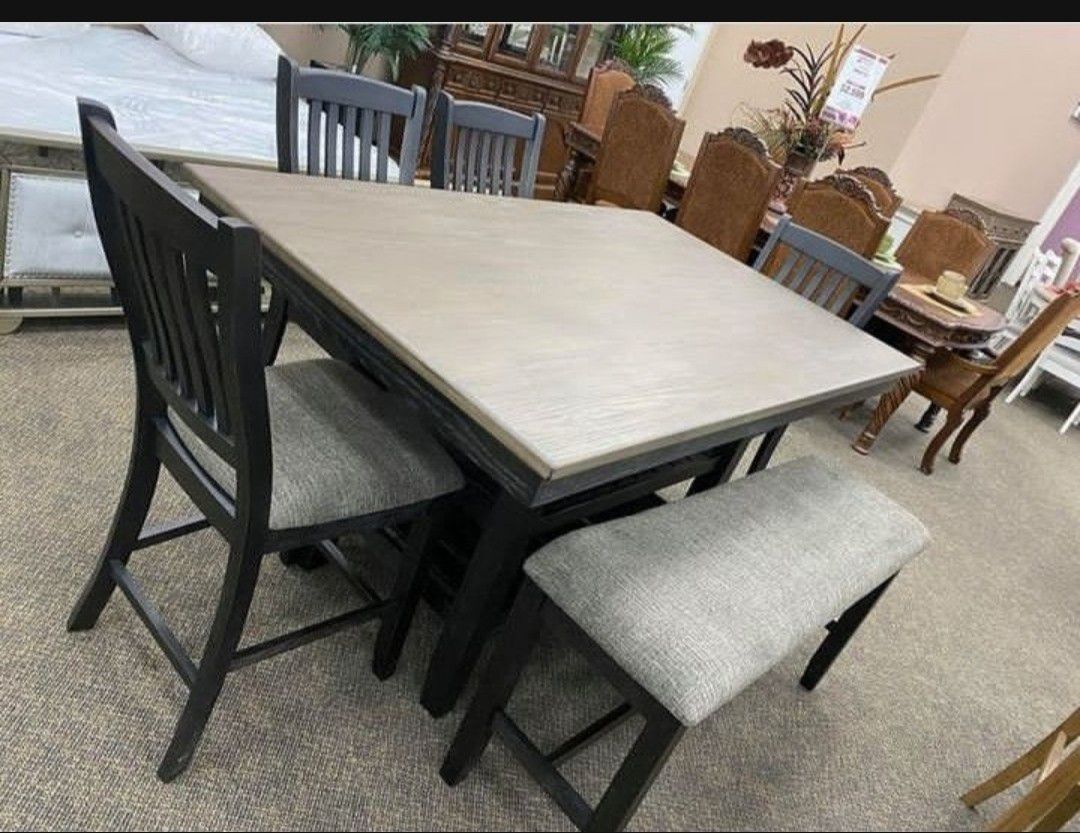 New Brand💎Two Tone Counter Height Dining Table And Bar Stools And Bench🥂 Kitchen/Dining Set💥On Display 🏠