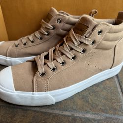 Womens Sz 8 Lucky Brand Brown Beige Tan Hi High Top Suede Sneakers Shoes EUC