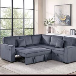 $530 Sectional Pull Out Bed With Storage Plus USB Cup Holder 