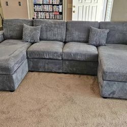 Brand new fog color corduroy Sectional Sofa with double chaise and two accent pillows. (Same day pick up/delivery)