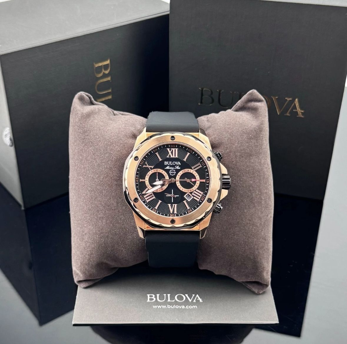 Bulova Marine Star Black Dial Chronograph Silicone Strap Men's Watch