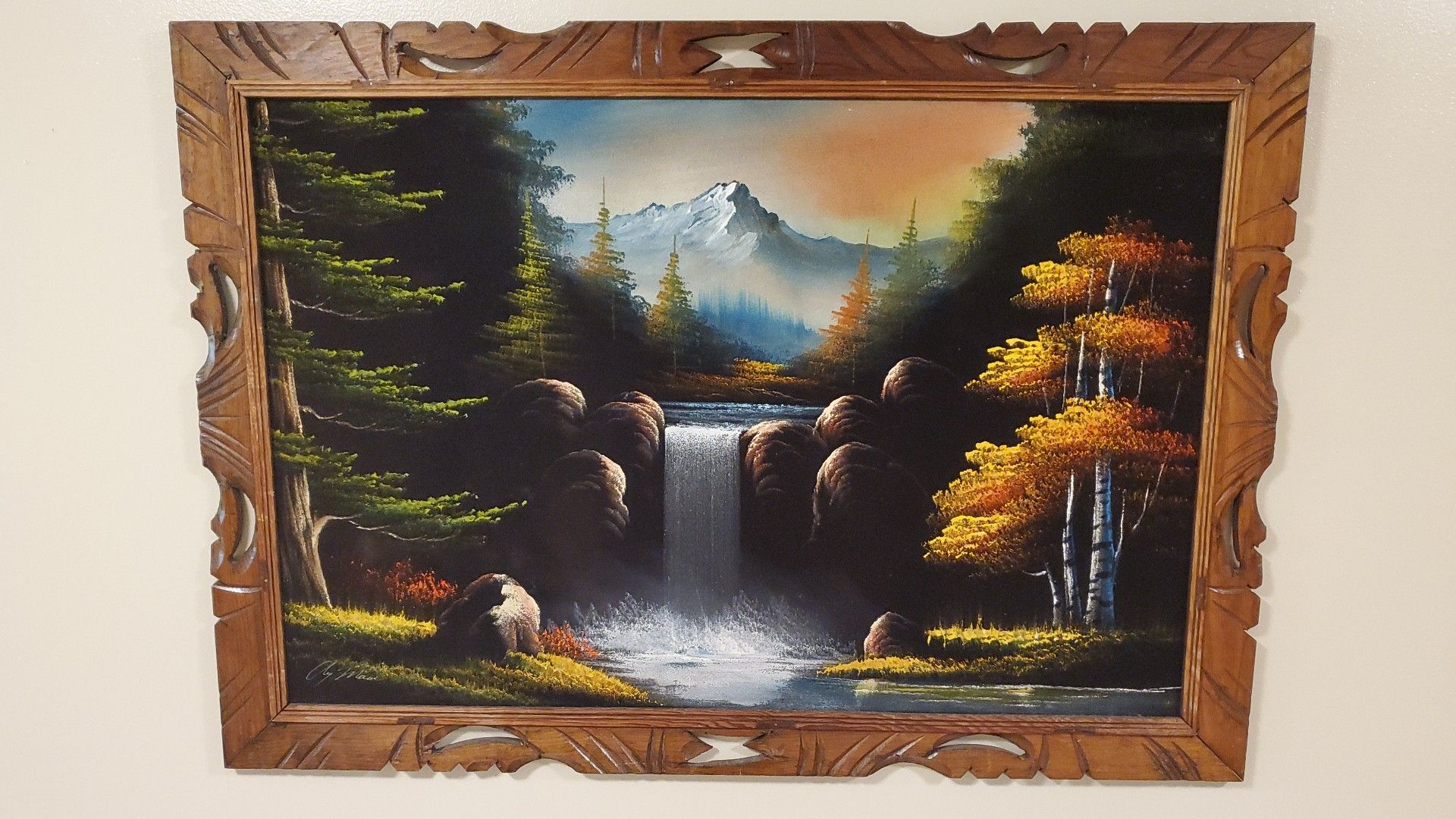 Vintage Signed Chuy Moran Black Velvet Landscape Waterfall Painting 70's Kitsch