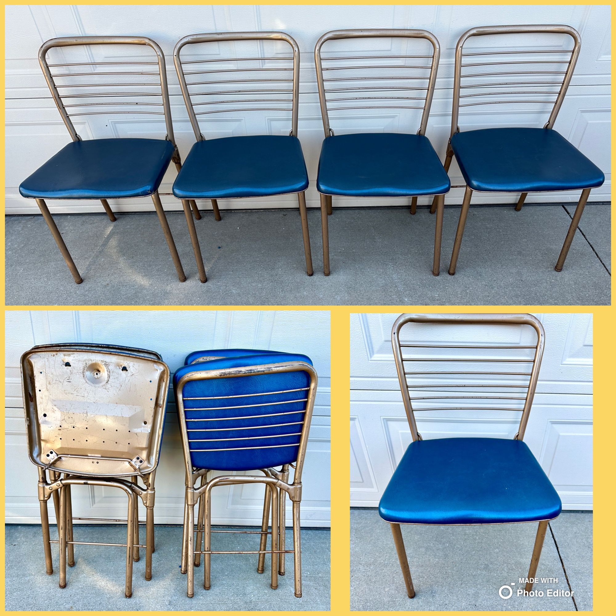 Set of 4 MCM Cosco Gate Leg Folding Chairs Vintage Blue Vinyl 1950’s