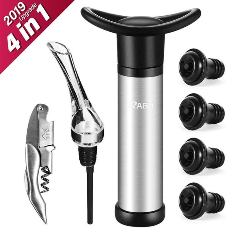4-in-1 Vacuum Wine Stoppers Set with Wine Saver Pump, Wine Opener, Wine Aerator and 4 Beverage Air Bottle Stoppers