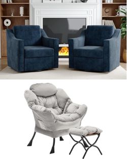 OH SO COZY!! Velvet Lazy Chair w/ Folding Ottoman, Swivel Navy Blue Chenille Accent Chairs (2)