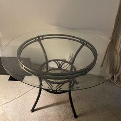 Glass Round Dining Table + 4 Matching Metal Chairs (Cushioned Seats)