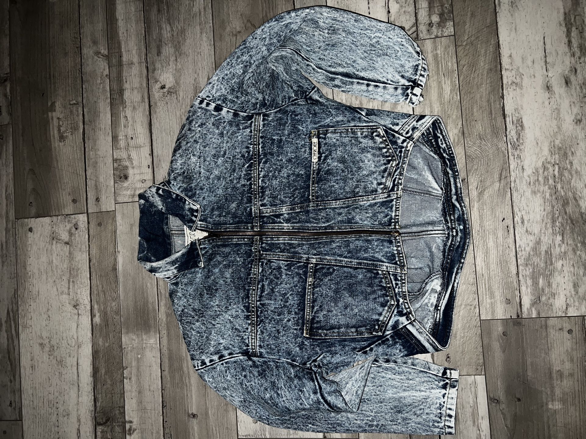 Vintage 80s acid wash cropped denim zip up jacket "for smart women"