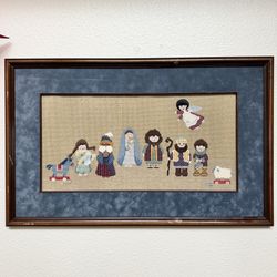Vintage Framed Needlepoint Nativity Scene – Handmade Christmas Wall Art, Folk Art Style, Textured Yarn Details 28”×16” Rustic Holiday Decor