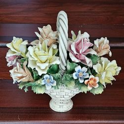 Vintage Capodimonte Porcelain Floral Bouquet Basket Centerpiece Italy 9lb