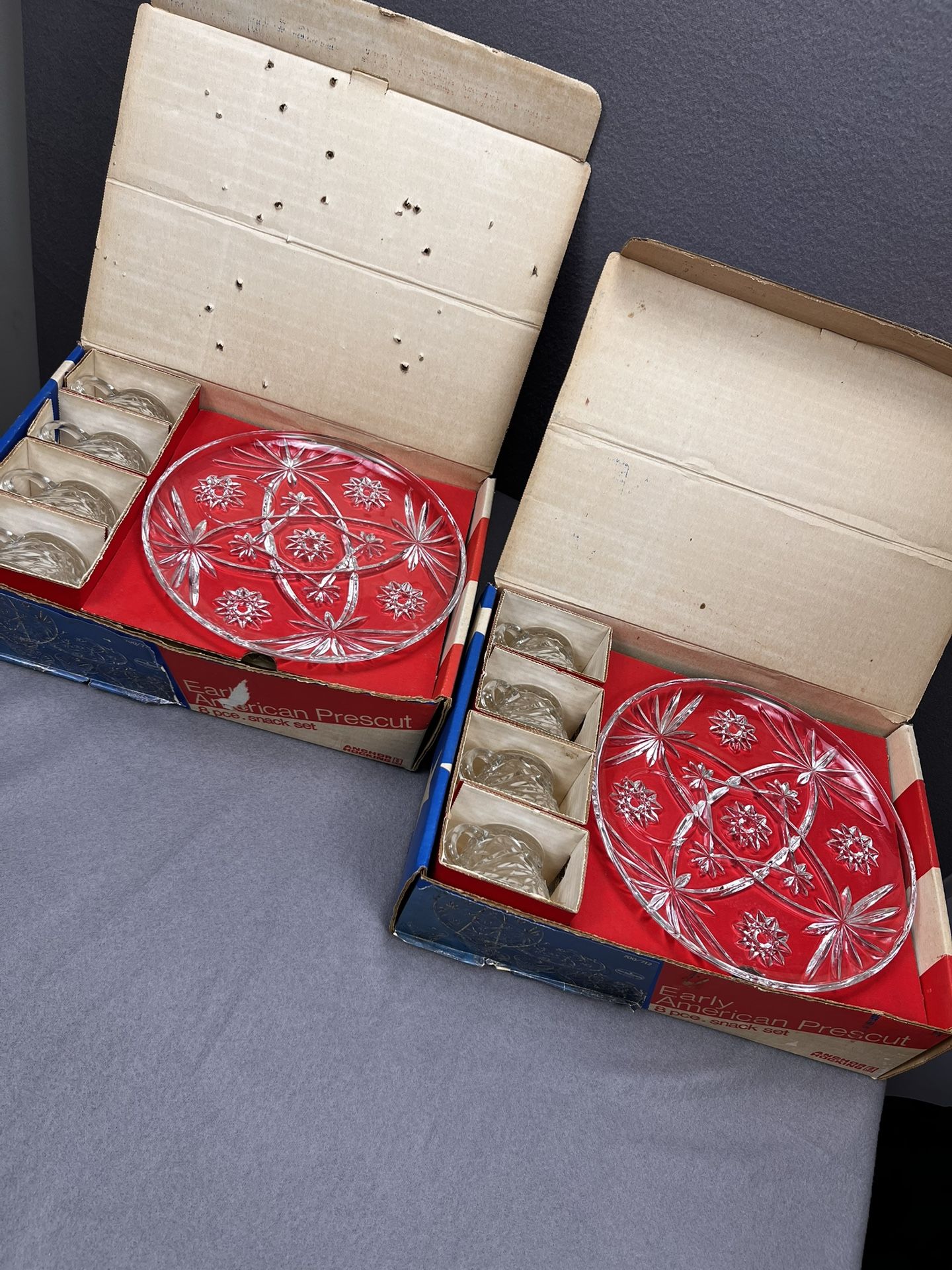 1 set Anchor Hocking Early American Prescut (EAPC) Crystal Set - 8 piece set - Snack Plate & Cup