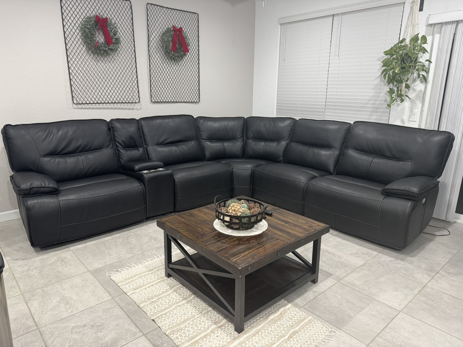 Living Spaces Black Leather Power Reclining Sectional Couch