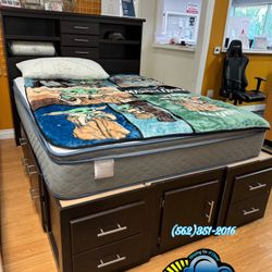 Queen Espresso Storage Bed With Drawers Rails 
