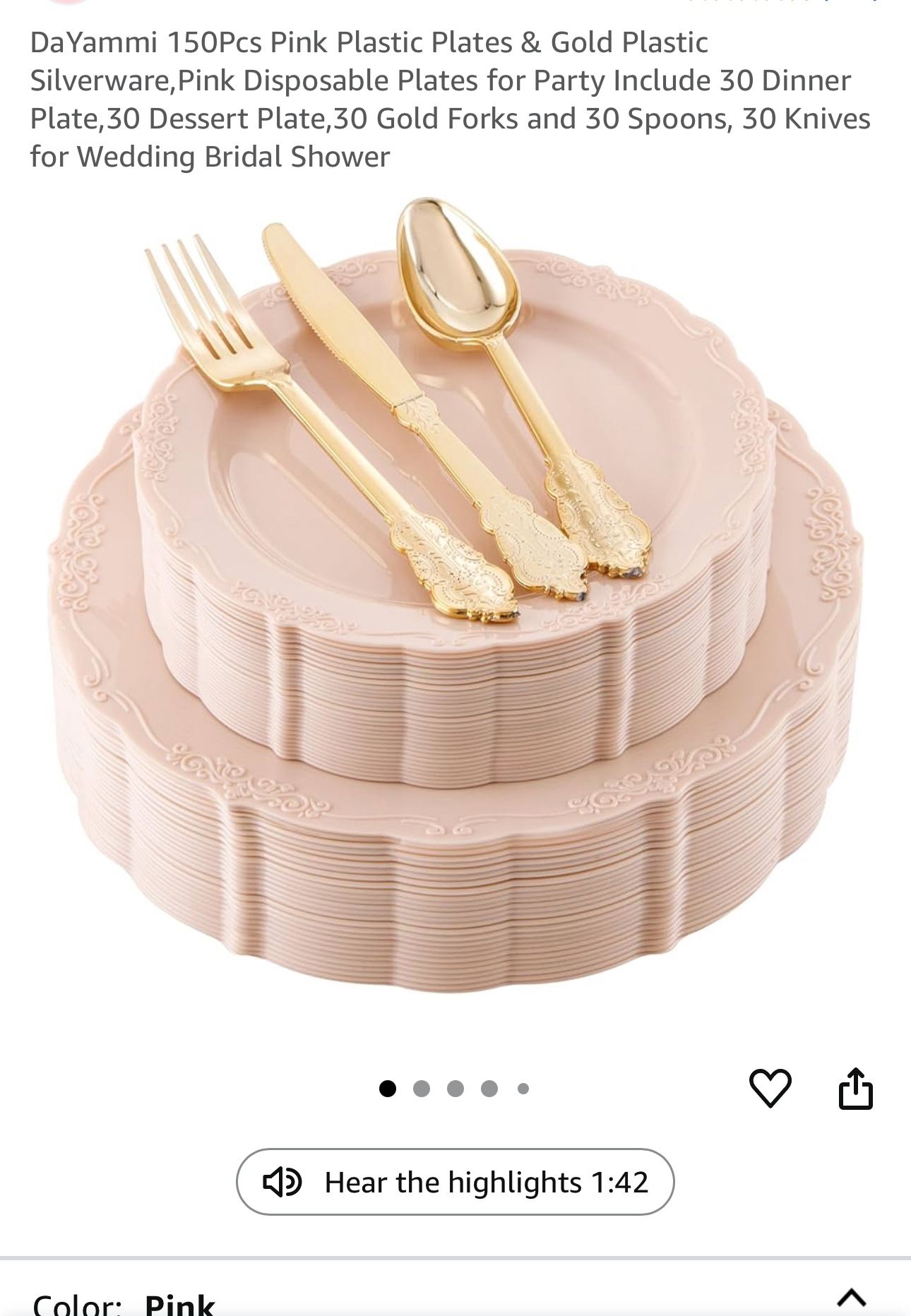 150 Pcz Pink Plastic Plates And Silverware Gold Color $$35