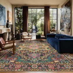 12x9 Washable Black and Pink Area Rugs with Vintage Orient Design, Soft Rug for Living Room or Bedroom, Non-Slip Low Pile Stain Resistance Features, D