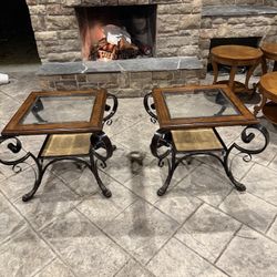 Wood & Glass Top End Tables – Set of 2 – Good Condition