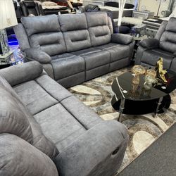 New🌟 3pcs Blue Gray Fabric Power Reclining Sofa Set