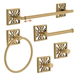 Autumn Alley 5 PC Brushed Gold Modern Bathroom Accessories Set, Wall Mounted - Towel Rack, Hand Towel Ring, Industrial Toilet Paper Holder, and 2 Towe