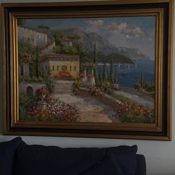 Large Framed Mediterranean Coastal Painting – Statement Wall Art