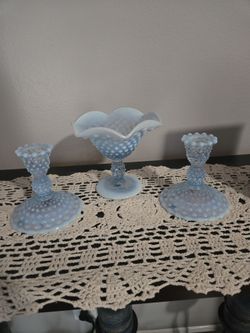 VINTAGE Fenton? OPALESCENT CANDLE HOLDERS AND COMPOTE.