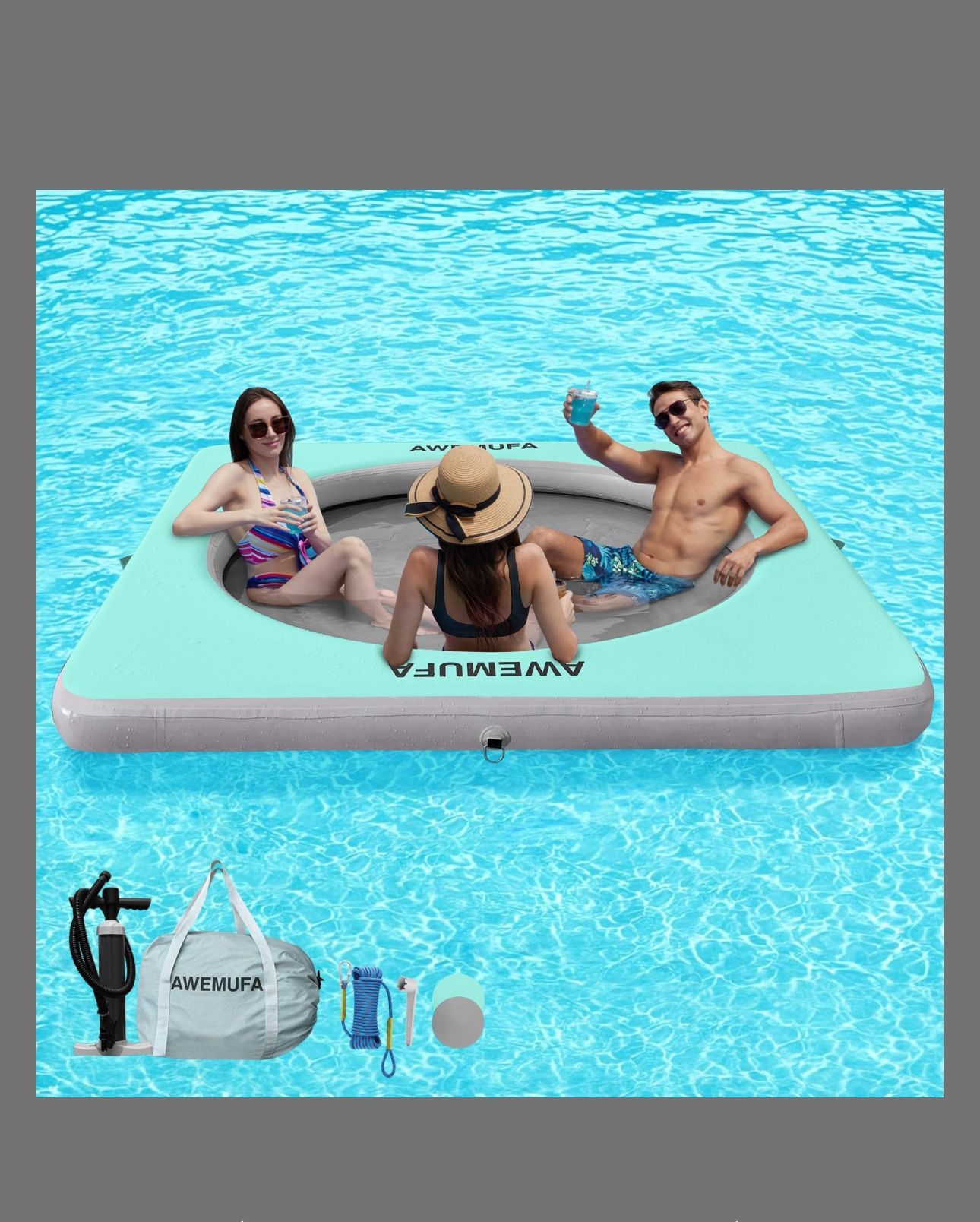 8ft X 8ft Inflatable Floating Dock Platform With Mesh, Floating Island Raft Lake Pool Inflat