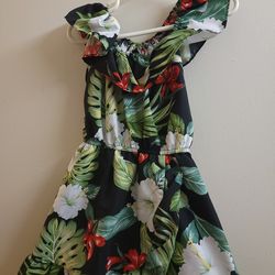Hawaiian Girl Cotton Black Orchid Tropical Flower Ruffle Elastic Dress size 2