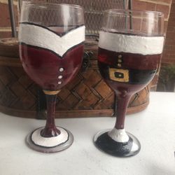 Hand Painted Mr And Mrs  Claus Wine Glasses