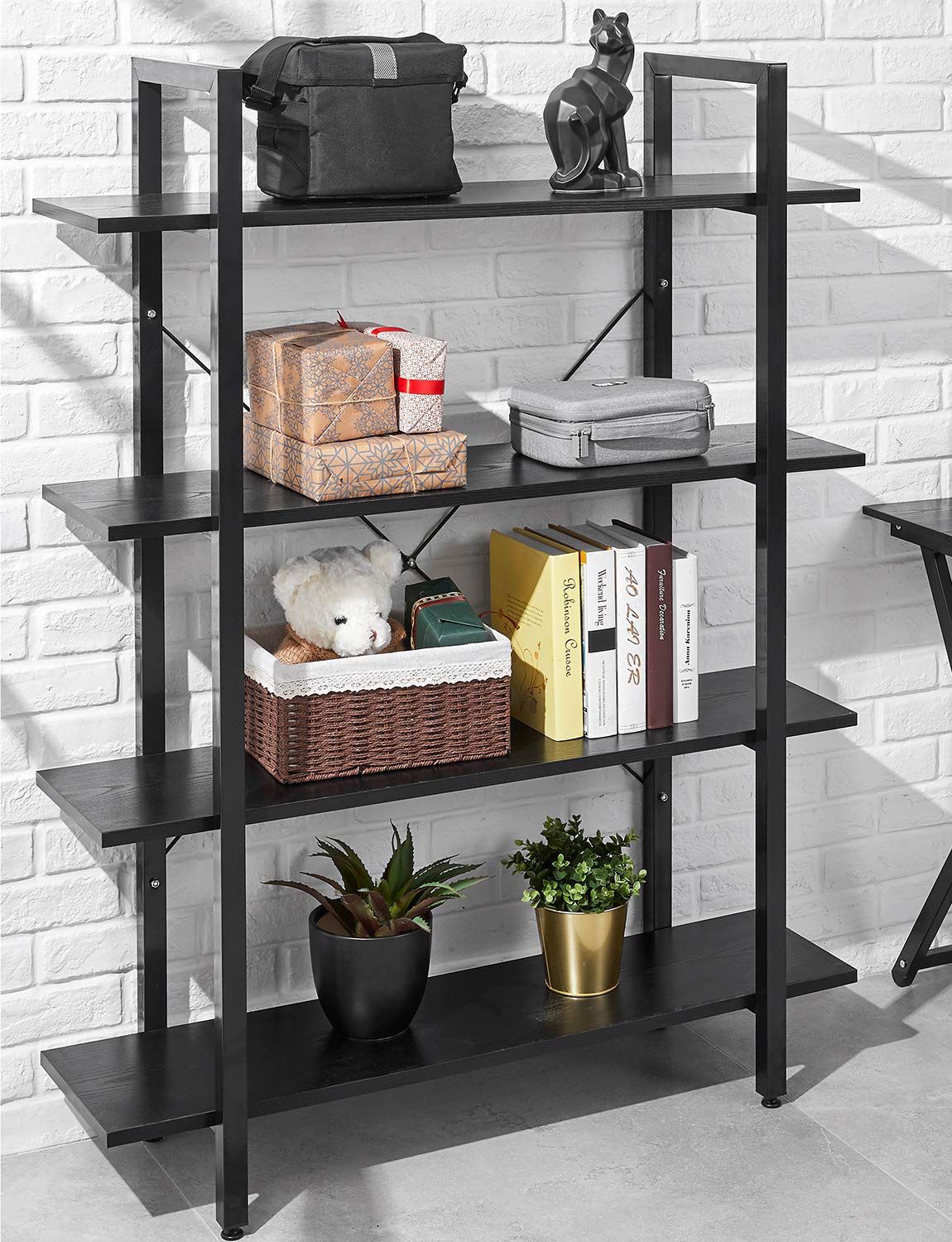 4 Tier Bookcase Solid 130lbs Load Capacity Industrial Bookshelf, Sturdy Bookshelves with Steel Frame, Storage Organizer Home Office Shelf BLACK