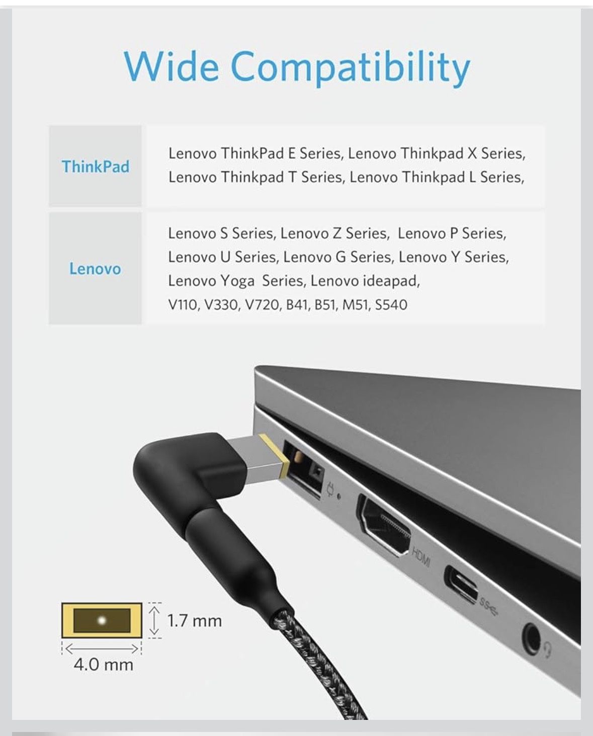 Anker Type-C to DC Power Cord (4 mm X 1.7 mm), 6ft Powerline USB-C to DC Cable for Lenovo laptop