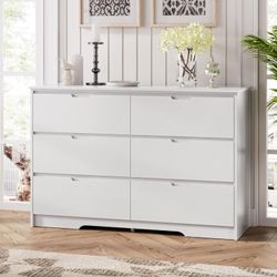 6 Drawers White Dresser for Bedroom, Wood Large Double Dresser with Hidden Handles, Modern Chests of Deep Drawer Storage Organizer for Hallway, Entryw