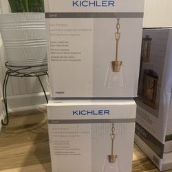 2 SET Kichler Zandi 7.6” Mini Pendant Light Classic Gold Hang Down Fixture (NEVER USED)