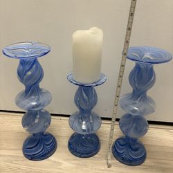 3 Pillar Candle Holders, Blue Swirl Glass