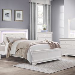4PC White Queen Bedroom Set w/ LED Lights 