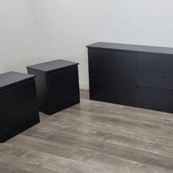 BLACK DRESSER AND 2 NIGHTSTANDS - CÓMODA Y 2 MESITAS DE NOCHE COLOR NEGRO 