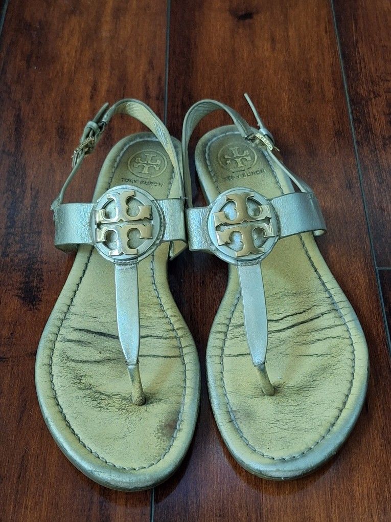 Tory Burch Gold Silver Logo Slip On Thong Gladiator Sandals 7.5