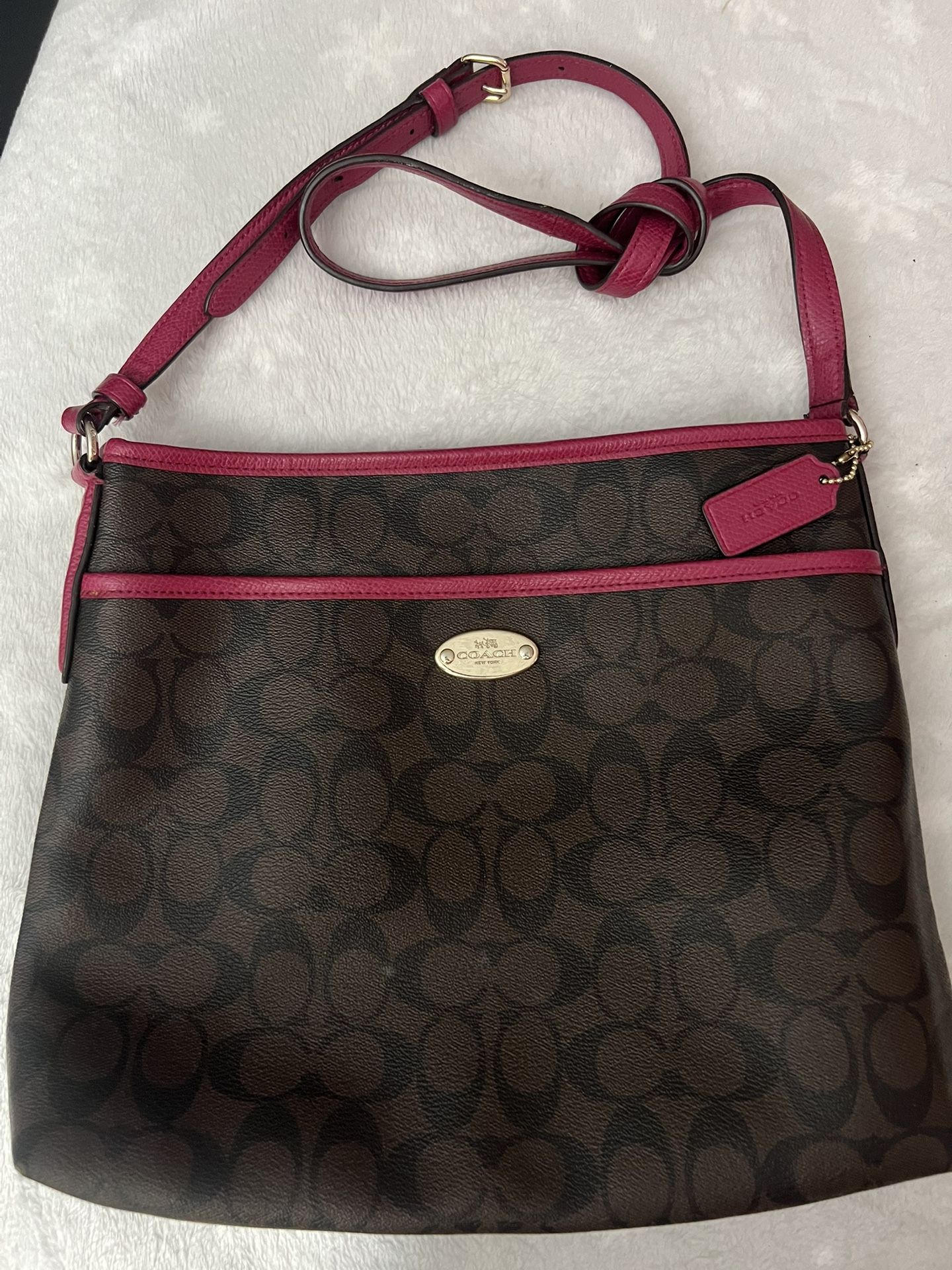 Coach Brown & Fuchsia Signature Canvas and Leather Swingpack File Crossbody Bag