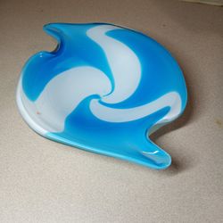 Vintage Murano Blown Art Glass Bowl Blue And White Ribbon Swirl. 