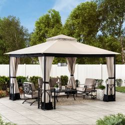 Sunjoy 11 x 13 ft. Gazebo with 2-Tier Hip Canopy Roof, Steel Frame Soft top Gazebo with Curtain and Mosquito Netting