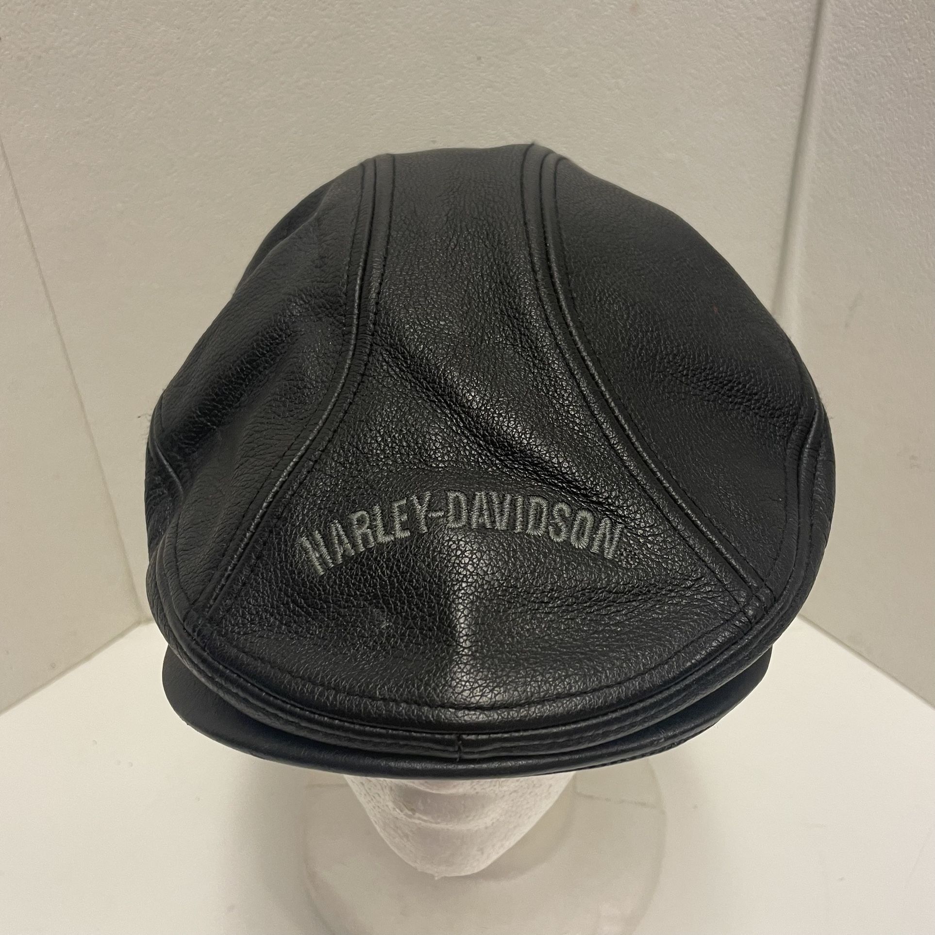 VTG Harley-Davidson Black Leather Newsboy Cabbie Driver Gatsby Hat Size L Biker