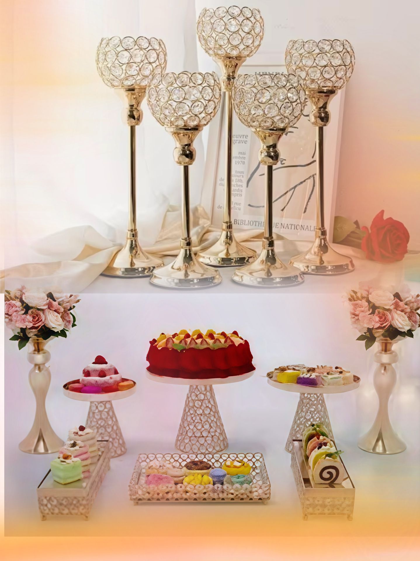 ✨ Luxury Gold Crystal Candle Holder Set + Dessert Stands ✨