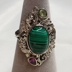 Size 9 Artisan Crafted African Malachite, 7.75 ctw Multi Gemstone Ring in Platinum over Copper with Magnet