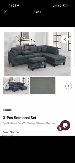 3-Piece Charcoal Sectional Sofa with Storage Ottoman