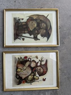 (2) Vintage M.J. Hummel print titled "Stormy Weather” and “The Little Chick Girl" West Germany 14”x10”