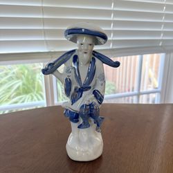 Vintage Asian Porcelain Fisherman Figurine – Blue & White w/ Gold Accents