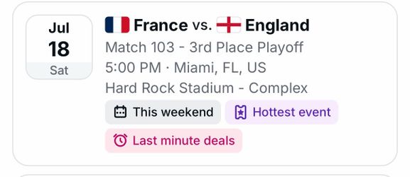 Tickets for France vs. England bronze FIFA WC game in Miami (7/18)
